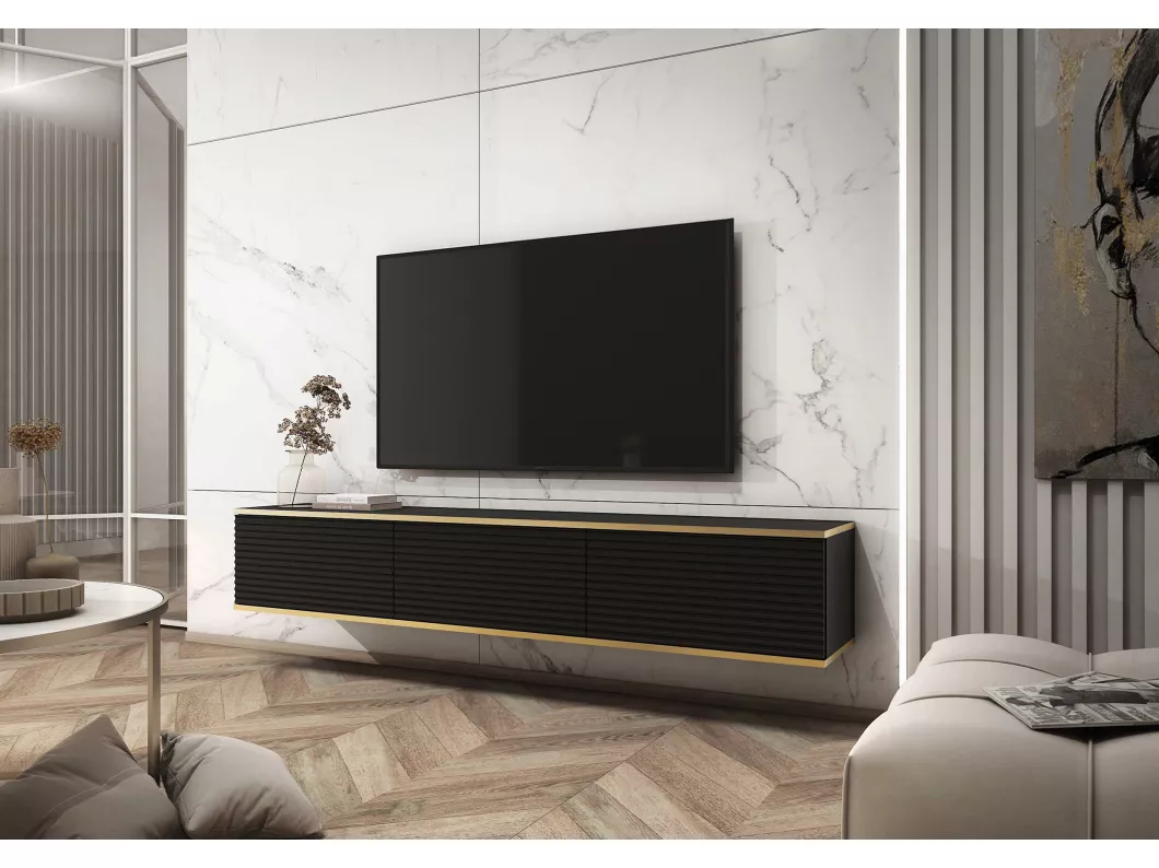 Kauf Unique TV-Element mit geriffelten Fronten, hängend, Schwarz / Gold, 175 cm - MUCALMA