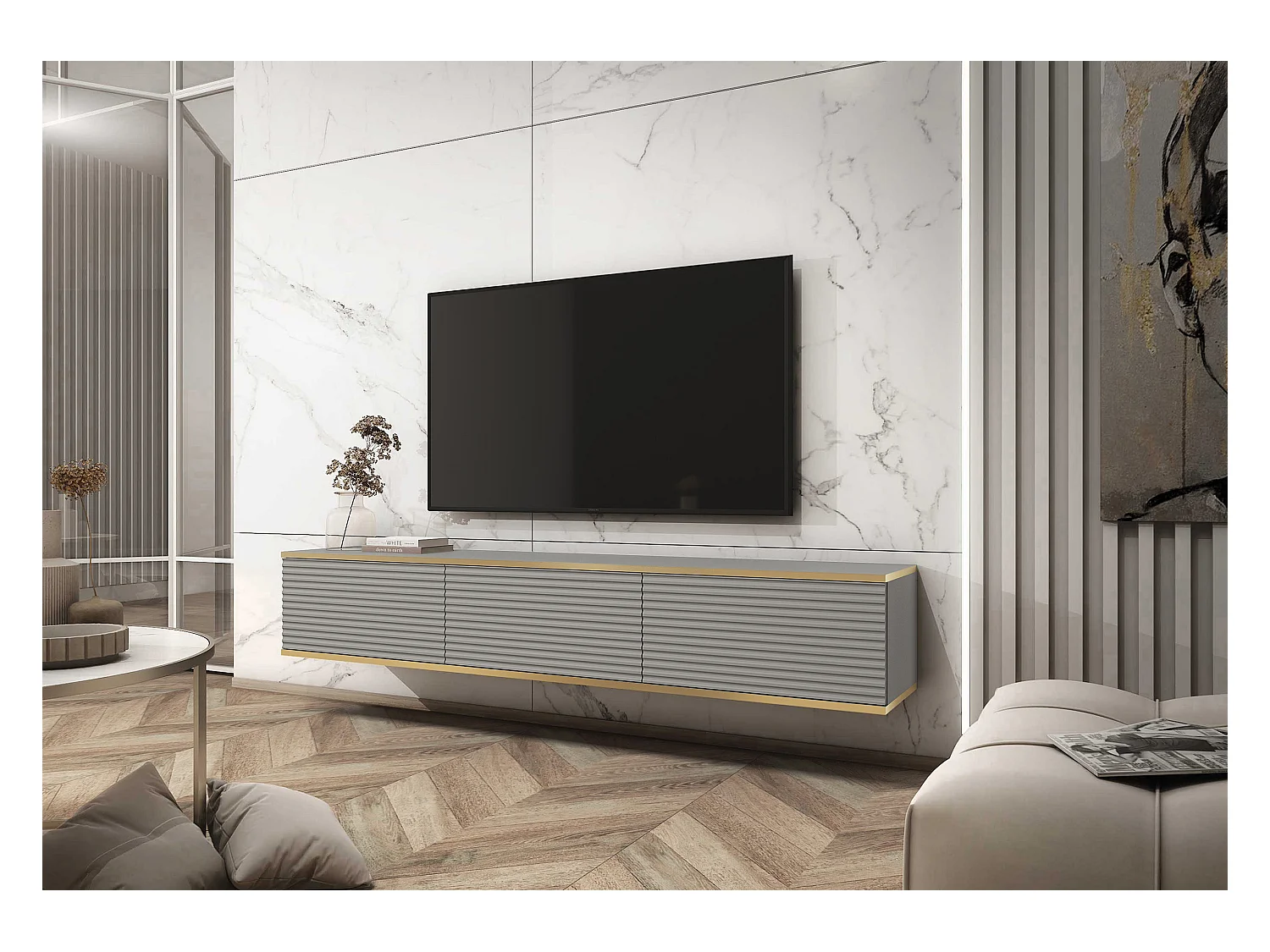 Meuble TV - 175 cm - façade à lamelles - gris avec inserts dorés - MUCALMA