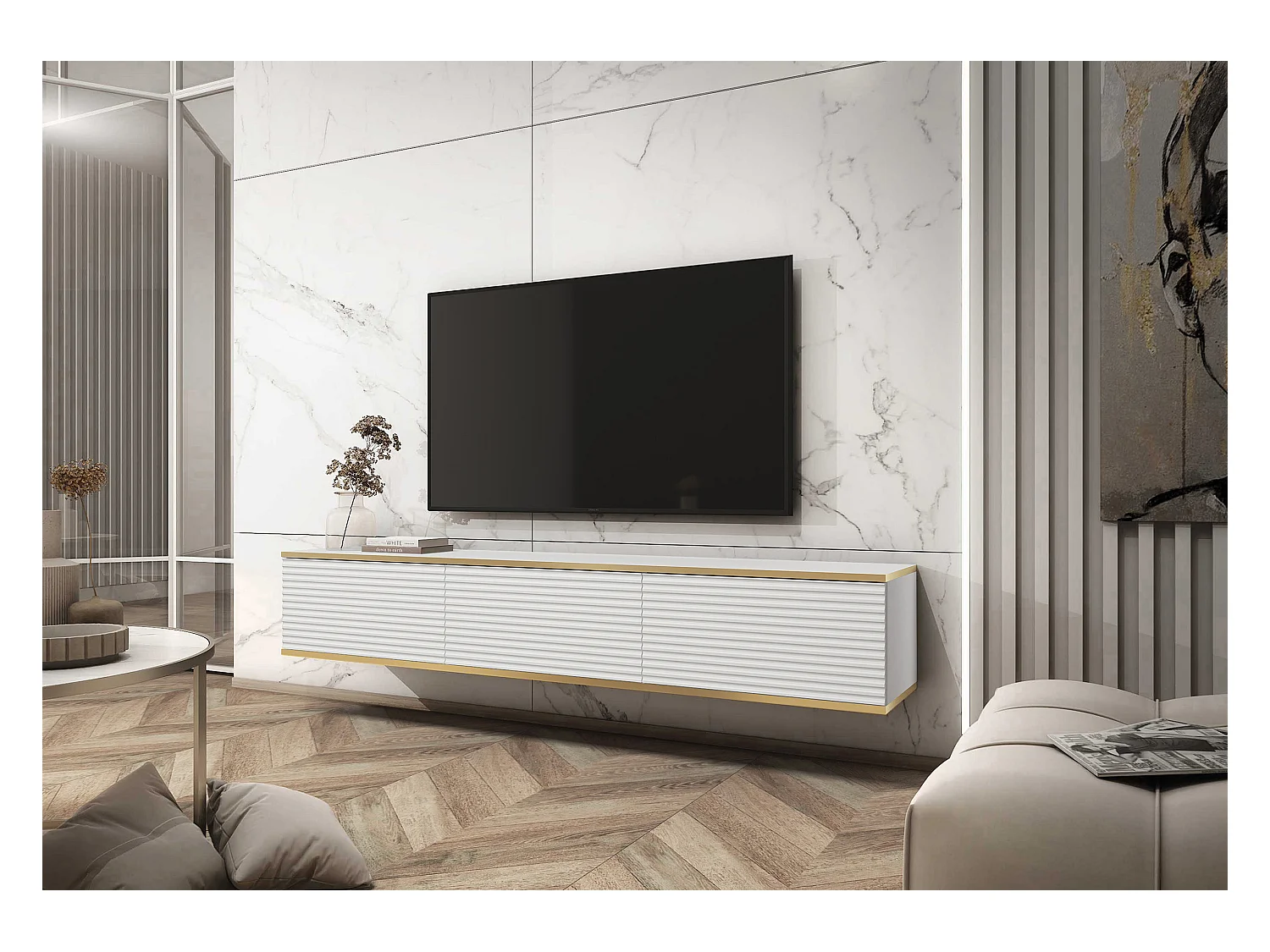 Meuble TV - 175 cm - façade à lamelles - blanc avec inserts dorés - MUCALMA