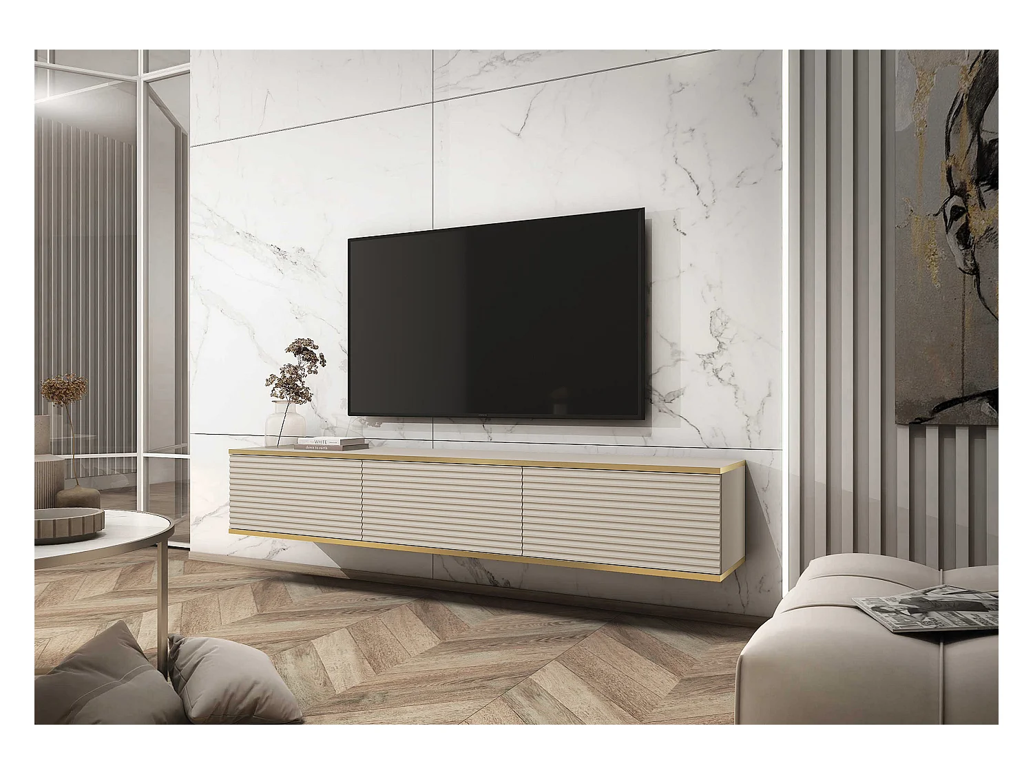 Meuble TV - 175 cm - façade à lamelles - beige avec inserts dorés - MUCALMA