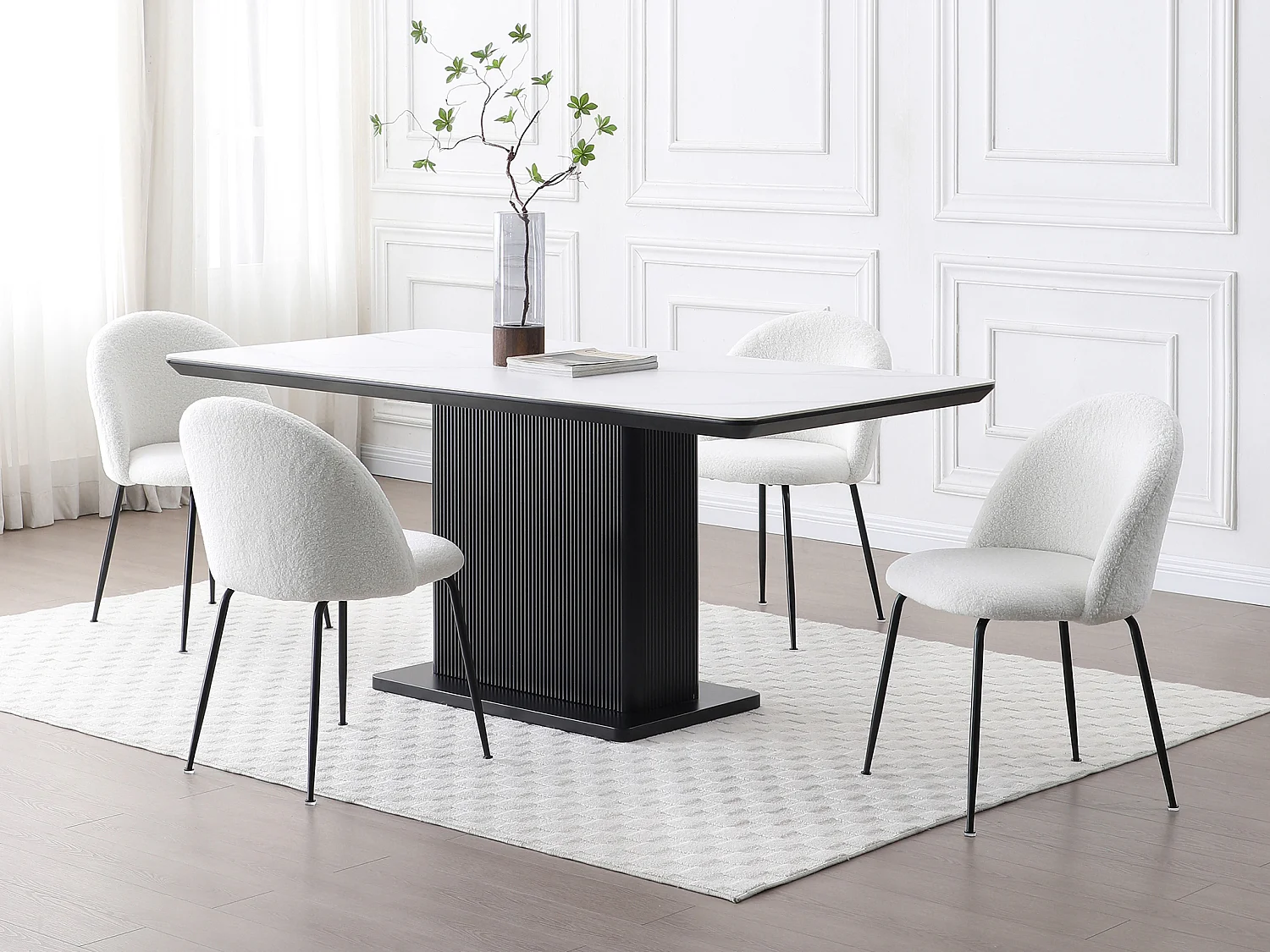 Lot de 2 chaises en tissu bouclette et acier inoxydable noir - Blanc - MELBOURNE