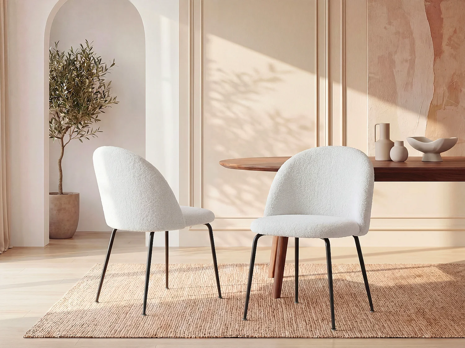 Lot de 2 chaises en tissu bouclette et acier inoxydable noir - Blanc - MELBOURNE