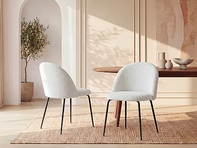 Lot de 2 chaises en tissu bouclette et acier inoxydable noir - Blanc - MELBOURNE