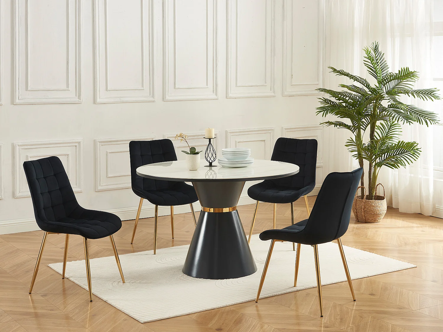 Polsterstuhl 2er-Set - Samt & goldfarbenes Metall - Schwarz - OLLUA