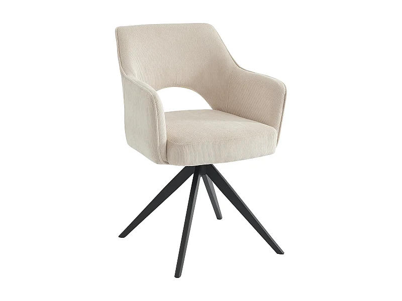 Silla giratoria con reposabrazos de terciopelo acanalado y metal negro - Crema - KONYA