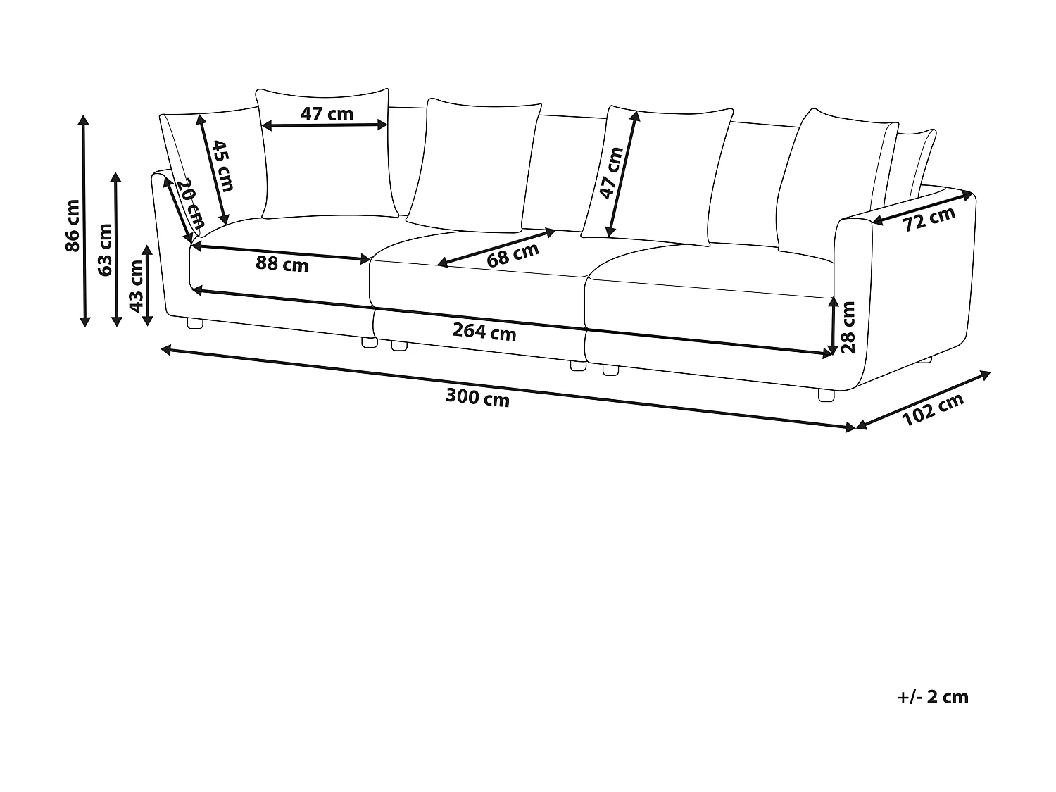 3-Sitzer Sofa Stoffbezug beige mit vielen Dekokissen dicken Sitzkissen