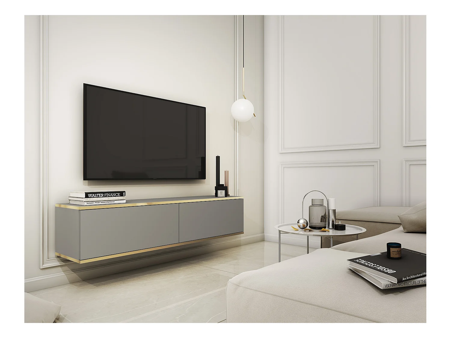 Meuble TV - 135 cm - gris avec inserts dorés - MUCALMA