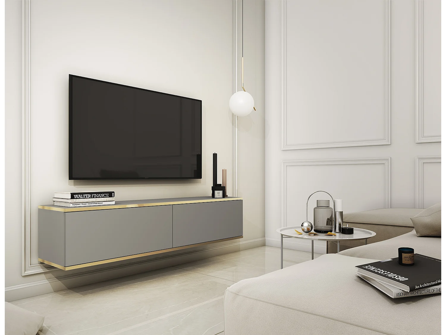 Meuble TV - 135 cm - gris avec inserts dorés - MUCALMA