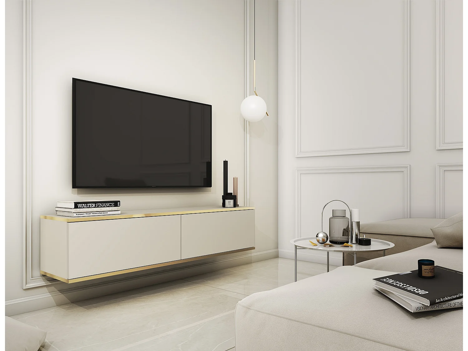 Meuble TV - 135 cm - beige avec inserts dorés - MUCALMA
