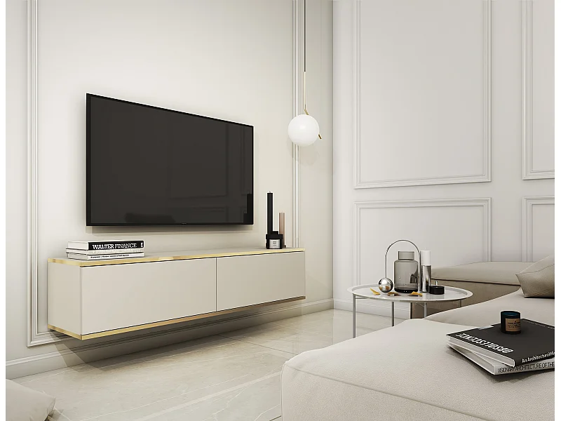 Meuble TV - 135 cm - beige avec inserts dorés - MUCALMA