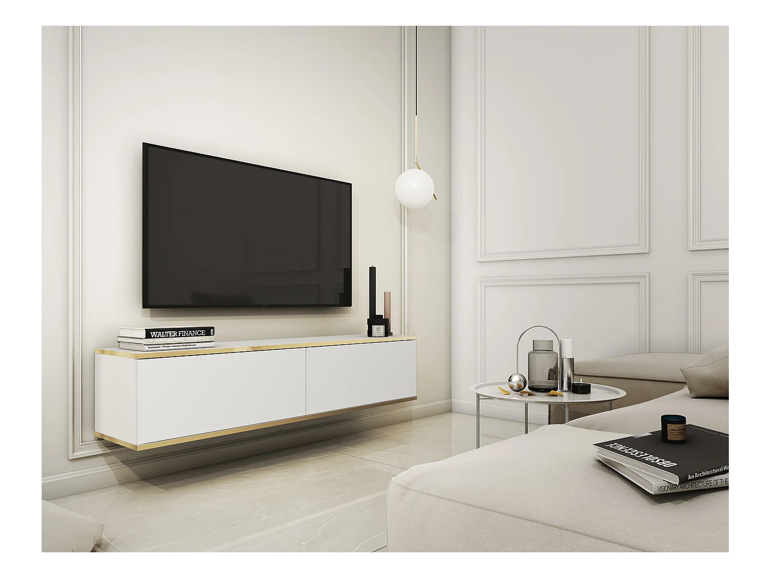 Meuble TV - 135 cm - blanc avec inserts dorés - MUCALMA