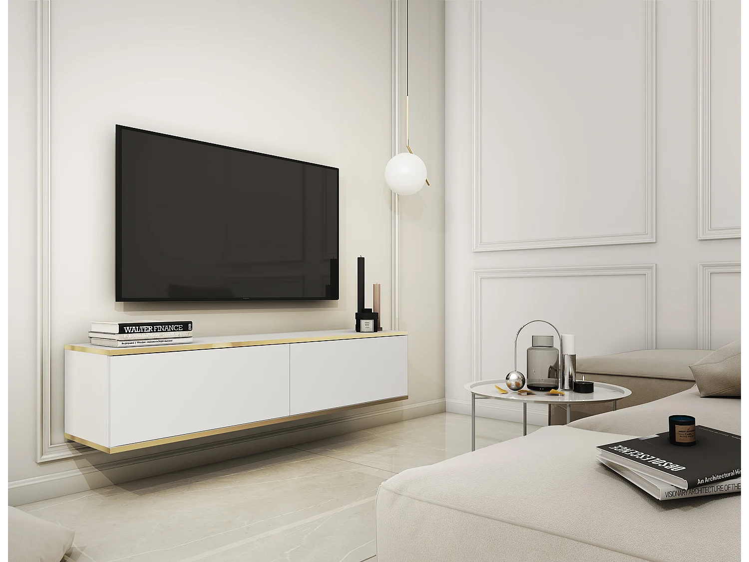 Meuble TV - 135 cm - blanc avec inserts dorés - MUCALMA