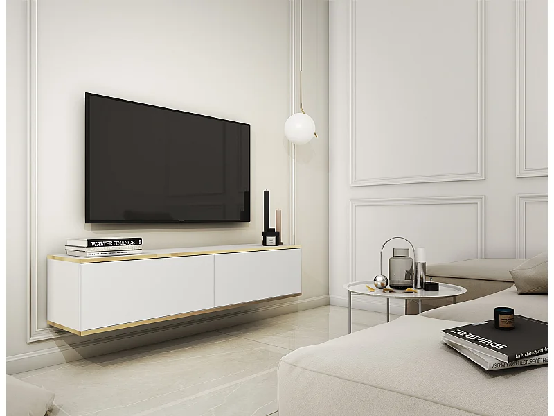 Meuble TV - 135 cm - blanc avec inserts dorés - MUCALMA