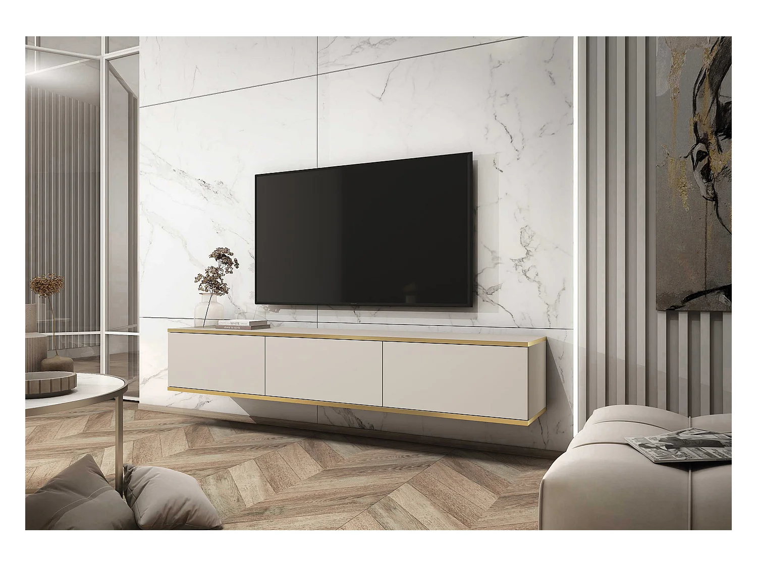 Meuble TV - 175 cm - beige avec inserts dorés - MUCALMA