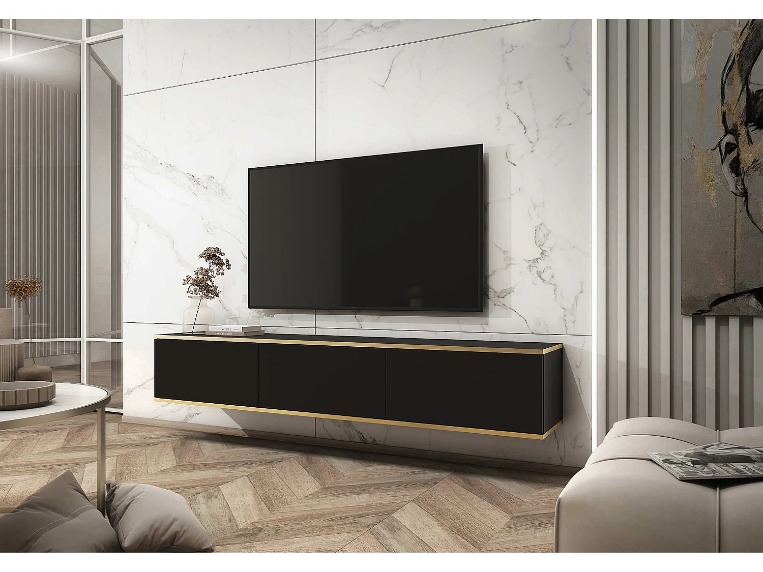 TV-Schrank - 175 cm - Schwarz mit goldenen Einsätzen - MUCALMA