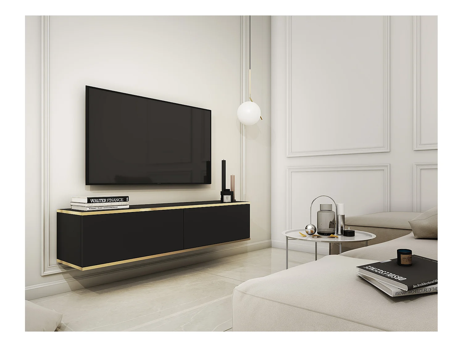 Meuble TV - 135 cm - noir avec inserts dorés - MUCALMA