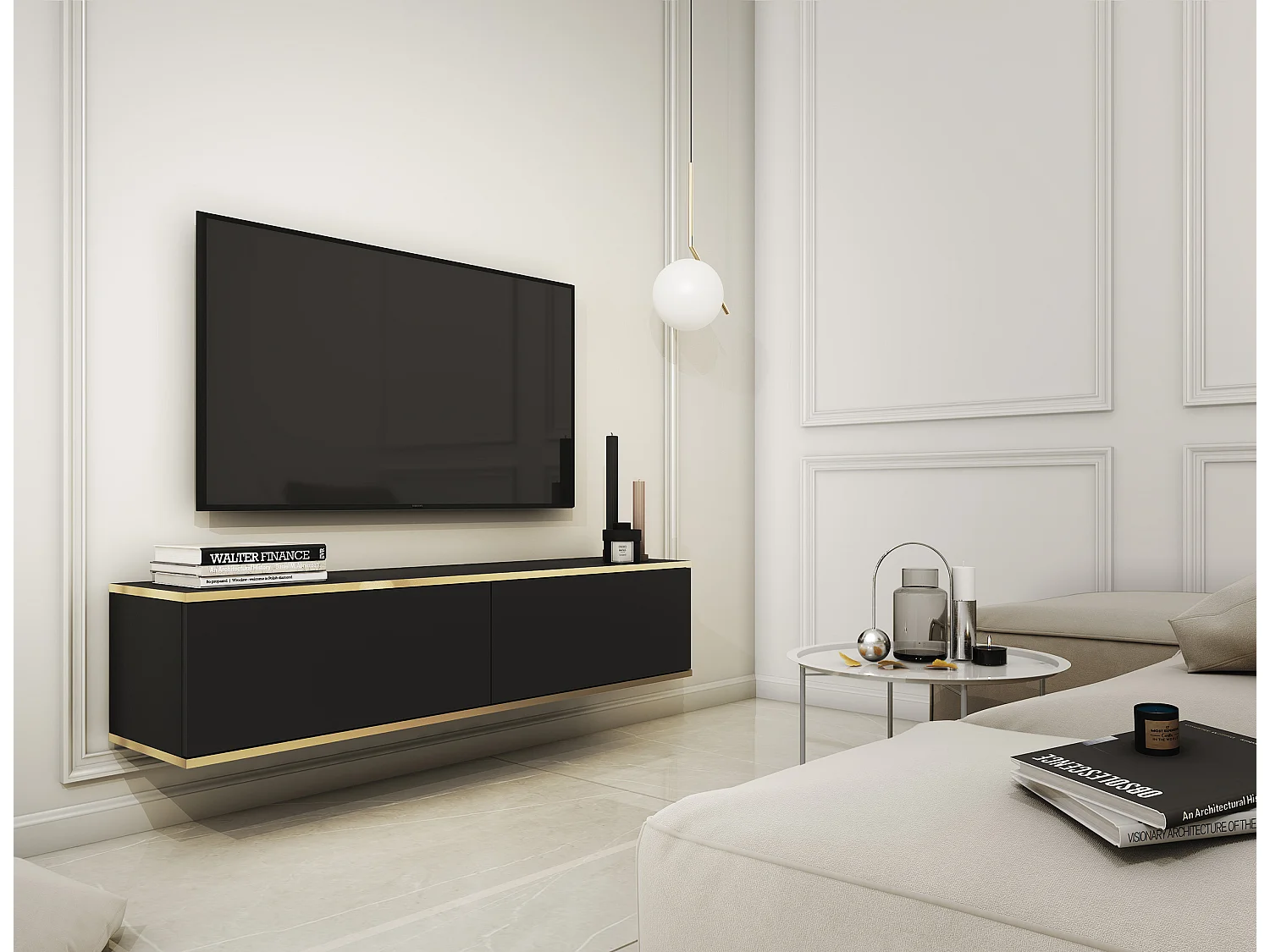 Meuble TV - 135 cm - noir avec inserts dorés - MUCALMA