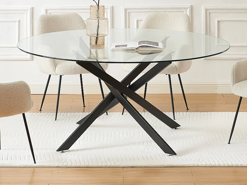 Mesa redonda para 6 personas de vidrio templado y metal negro - Transparente - COSIMA