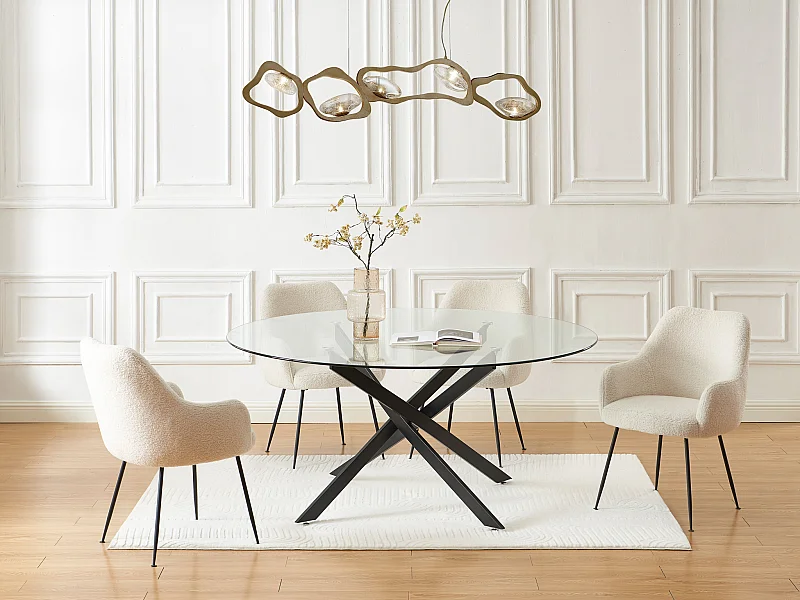 Table à manger ronde 6 personnes en verre trempé et métal noir - Transparent - COSIMA