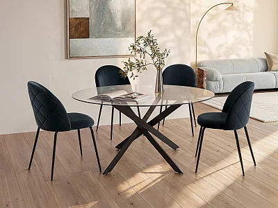 Table à manger ronde 6 personnes en verre trempé et métal noir - Transparent - COSIMA