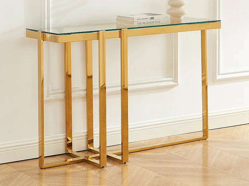 Console en verre trempé et acier inoxydable chromé - Transparent et doré - VELETIA de Pascal Morabito