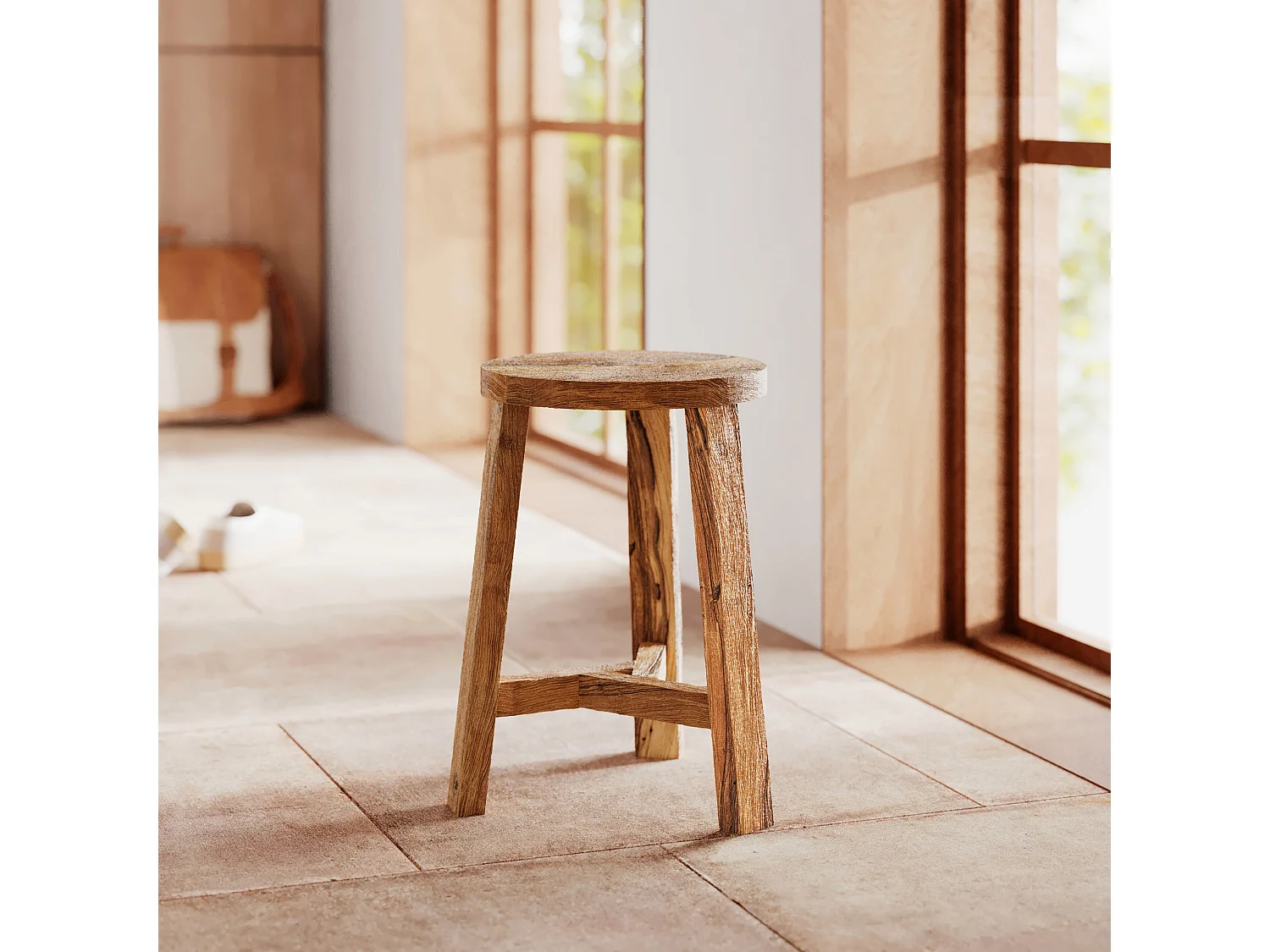 Sgabello rotondo in legno di teak riciclato H45 cm - Léa