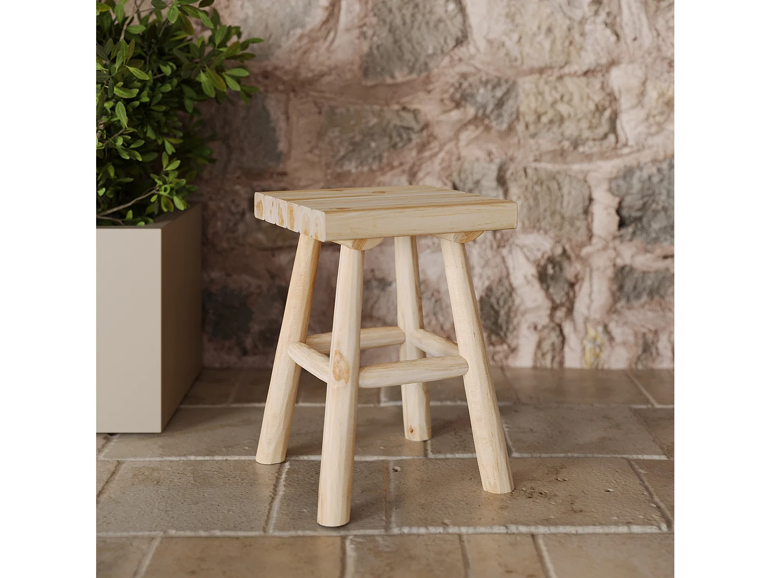 Sgabello quadrato in legno di teak grezzo, altezza 40 cm. - Makam