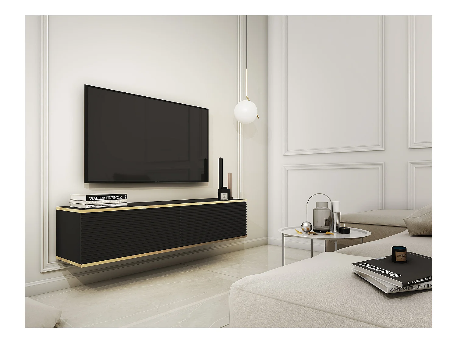 Meuble TV - 135 cm - façade à lamelles - noir avec inserts dorés - MUCALMA