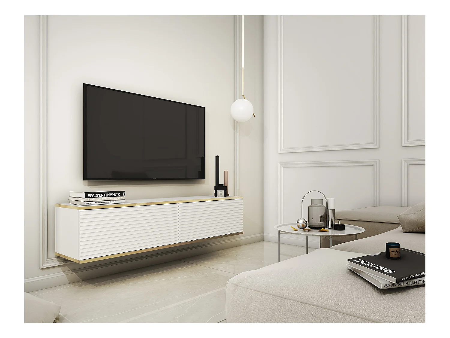 Meuble TV - 135 cm - façade à lamelles - blanc avec inserts dorés - MUCALMA