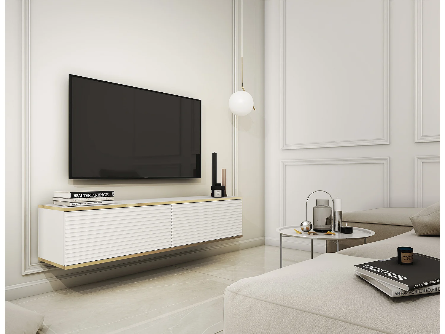 Meuble TV - 135 cm - façade à lamelles - blanc avec inserts dorés - MUCALMA