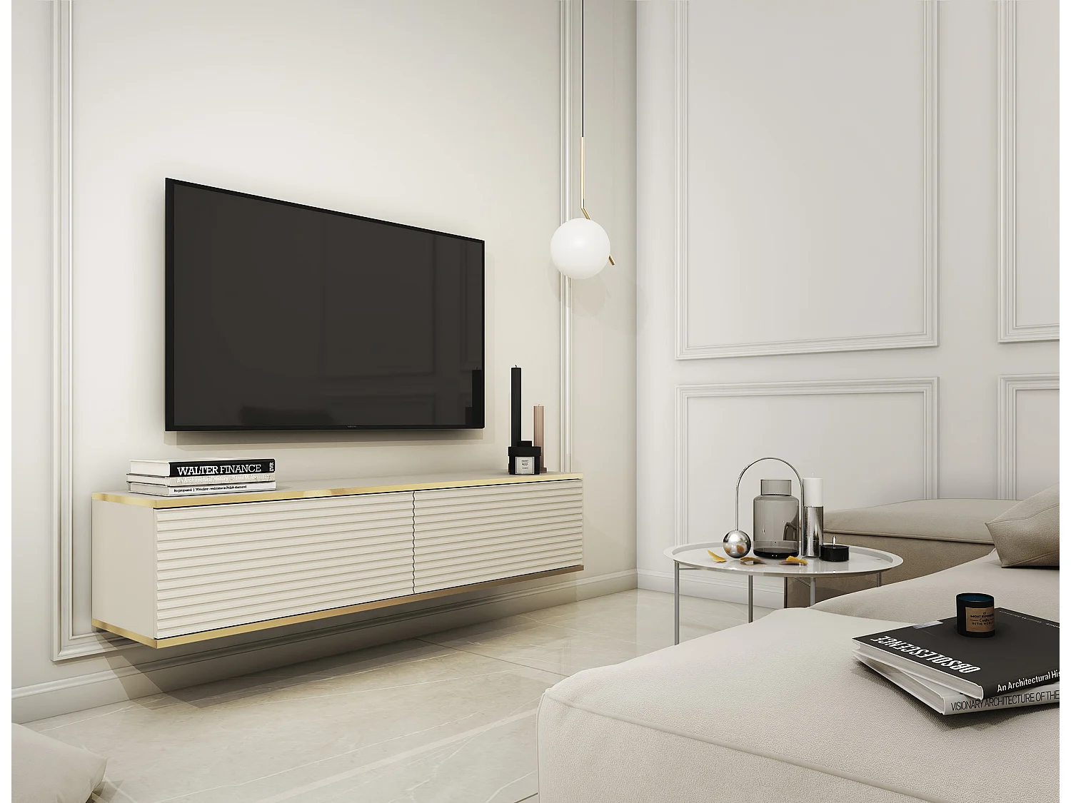 TV-Element mit geriffelten Fronten, hängend, Beige / Gold, 135 cm - MUCALMA