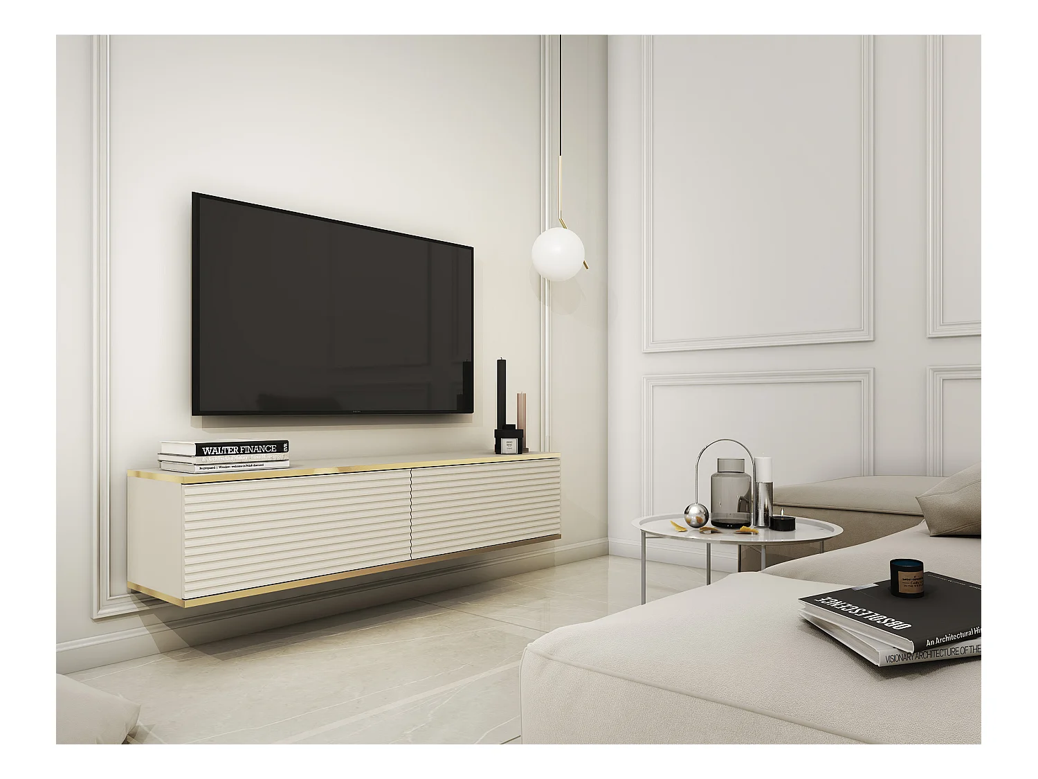Meuble TV - 135 cm - façade à lamelles - beige avec inserts dorés - MUCALMA