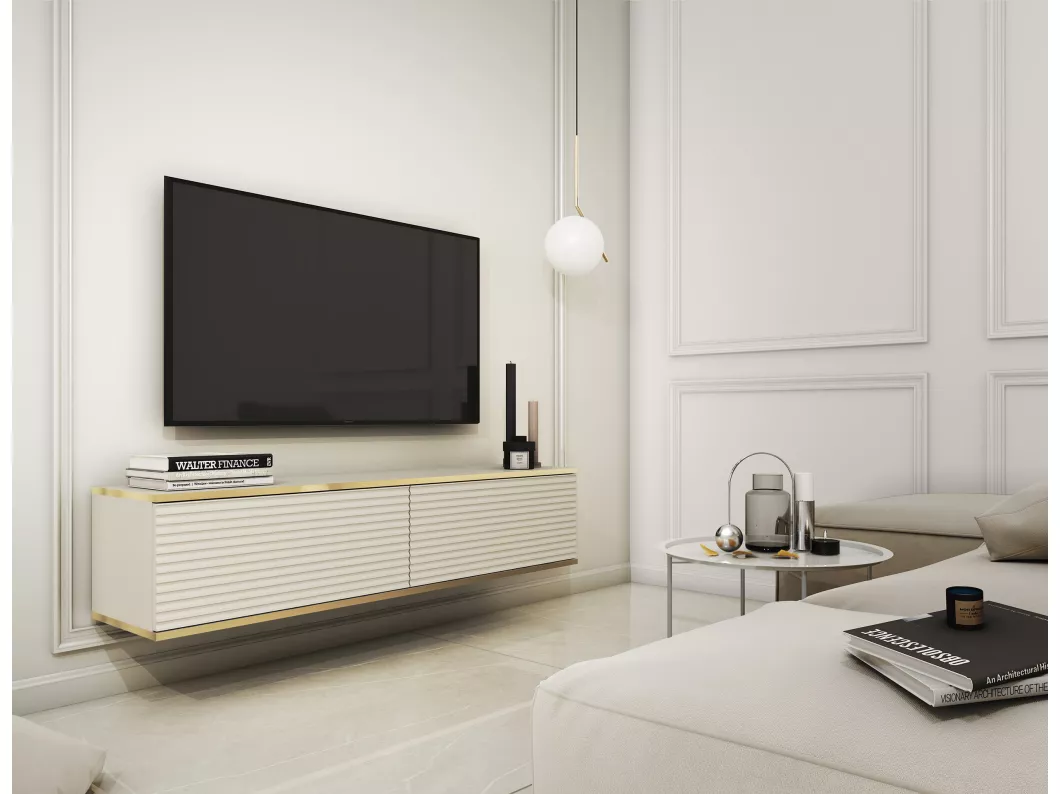 Kauf Unique TV-Element mit geriffelten Fronten, hängend, Beige / Gold, 135 cm - MUCALMA