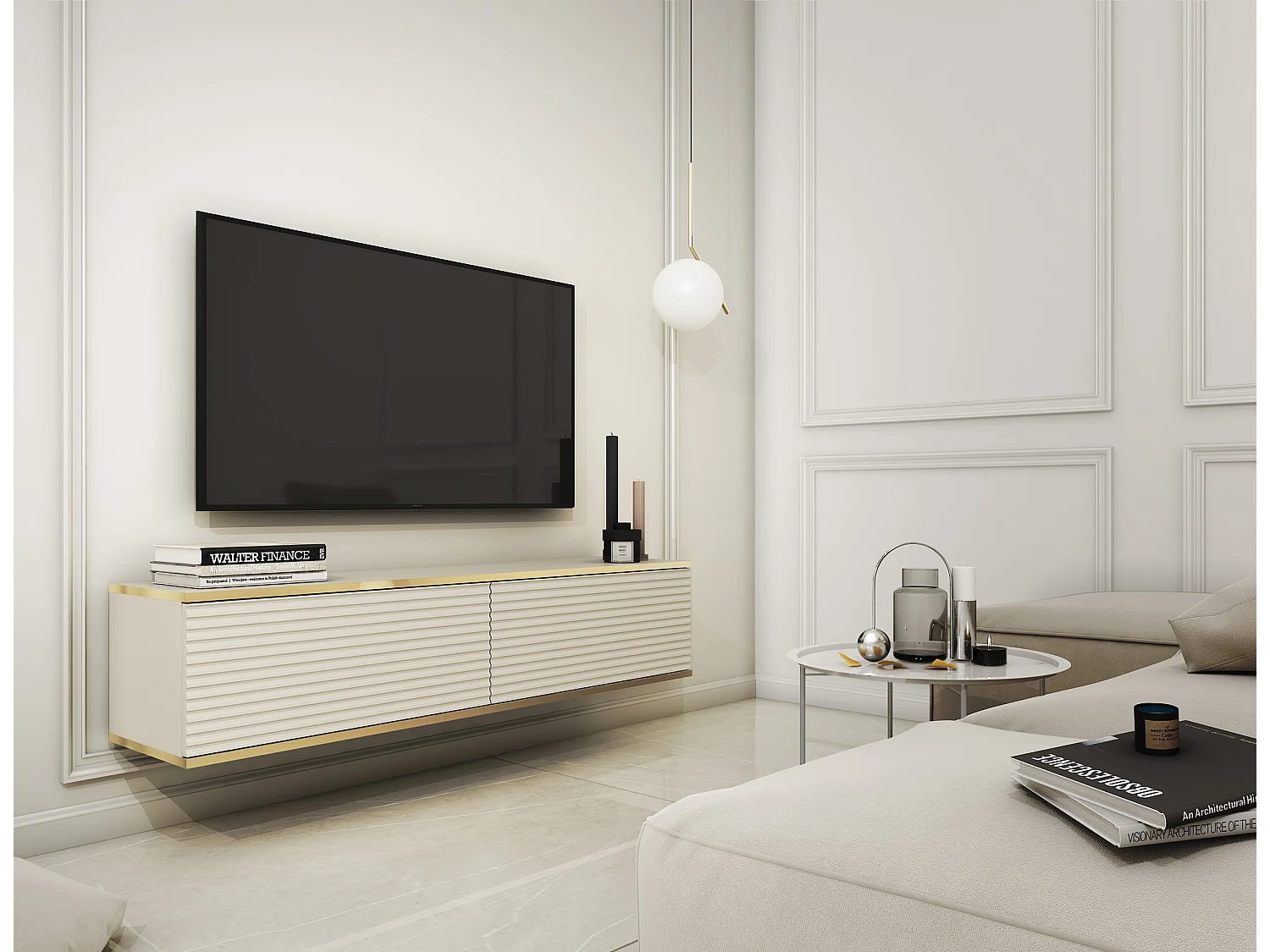TV-meubel - 135 cm - lamellenfront - beige met gouden inzetstukken - MUCALMA