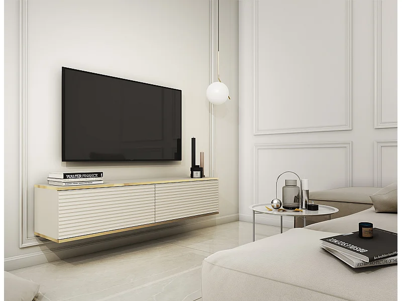 Meuble TV - 135 cm - façade à lamelles - beige avec inserts dorés - MUCALMA