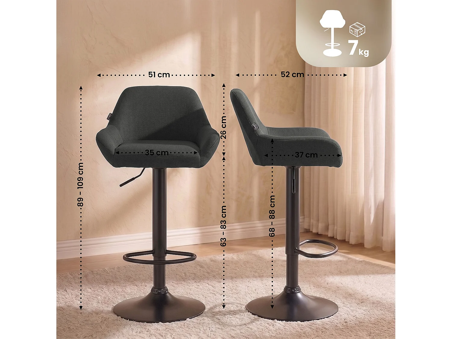 Lot de 2  Tabouret de bar - Tissu & Noir - Gris foncé - Braga