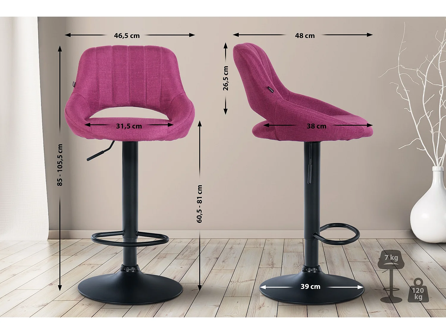 Tabouret de bar - Tissu & Noir - Violet - Milet