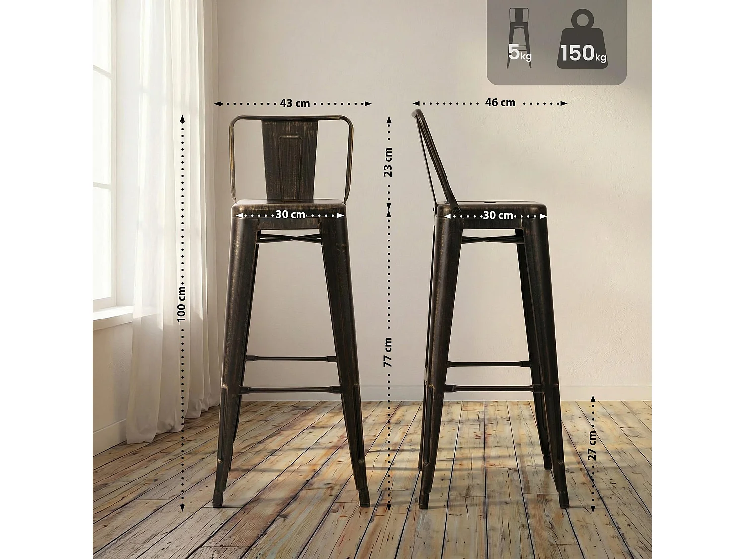 Tabouret de bar - Métal - Noir-Or - Mason