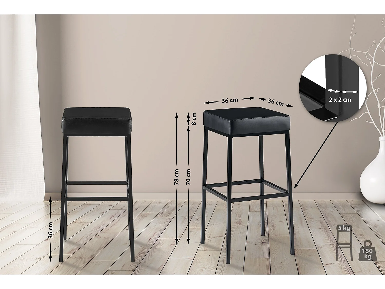 Lot de 2  Tabouret de bar - Similicuir & Noir - Noir - Montreal 80