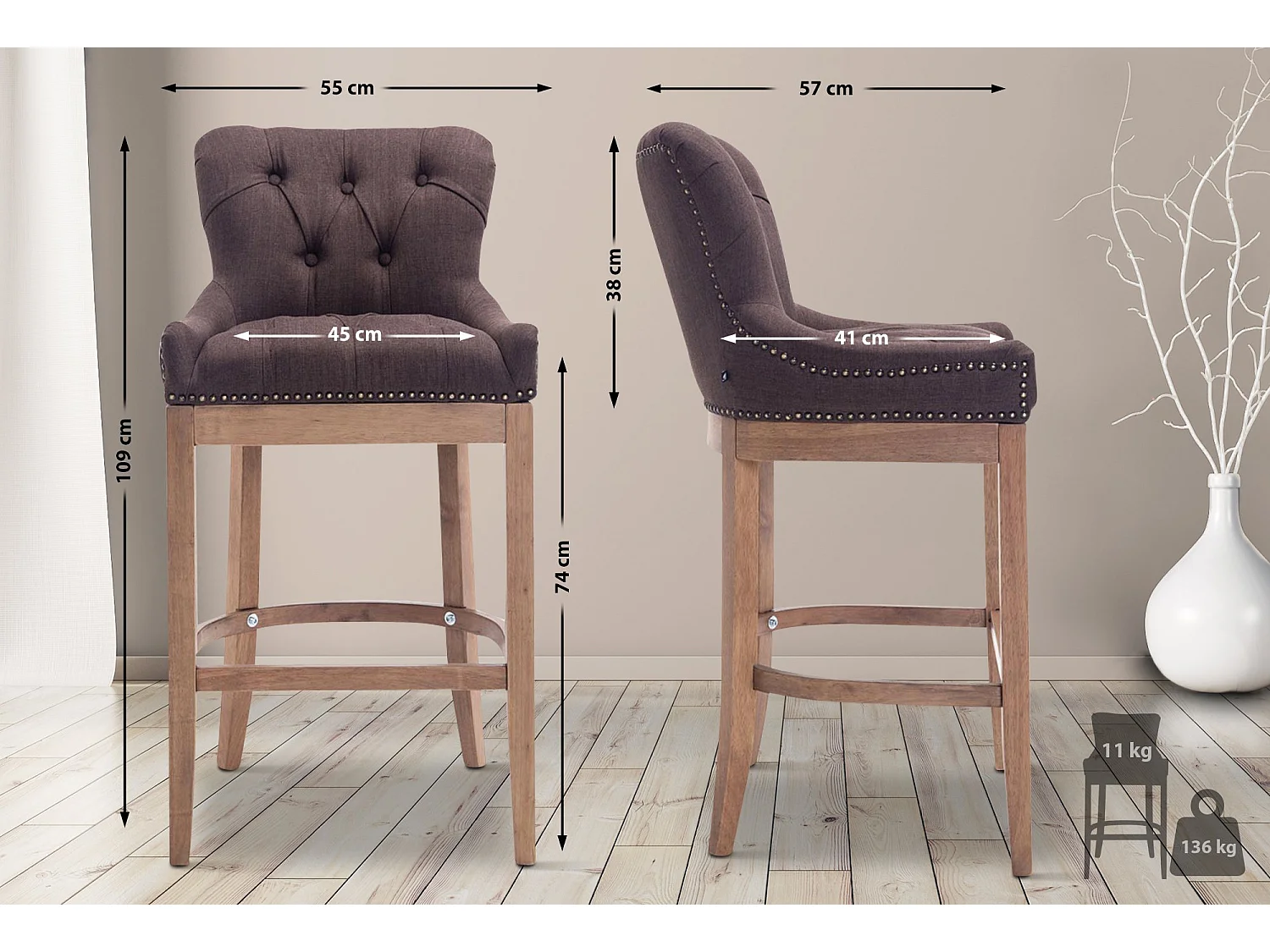 Tabouret de bar - Tissu & Acier inoxydable - Marron - Lakewood