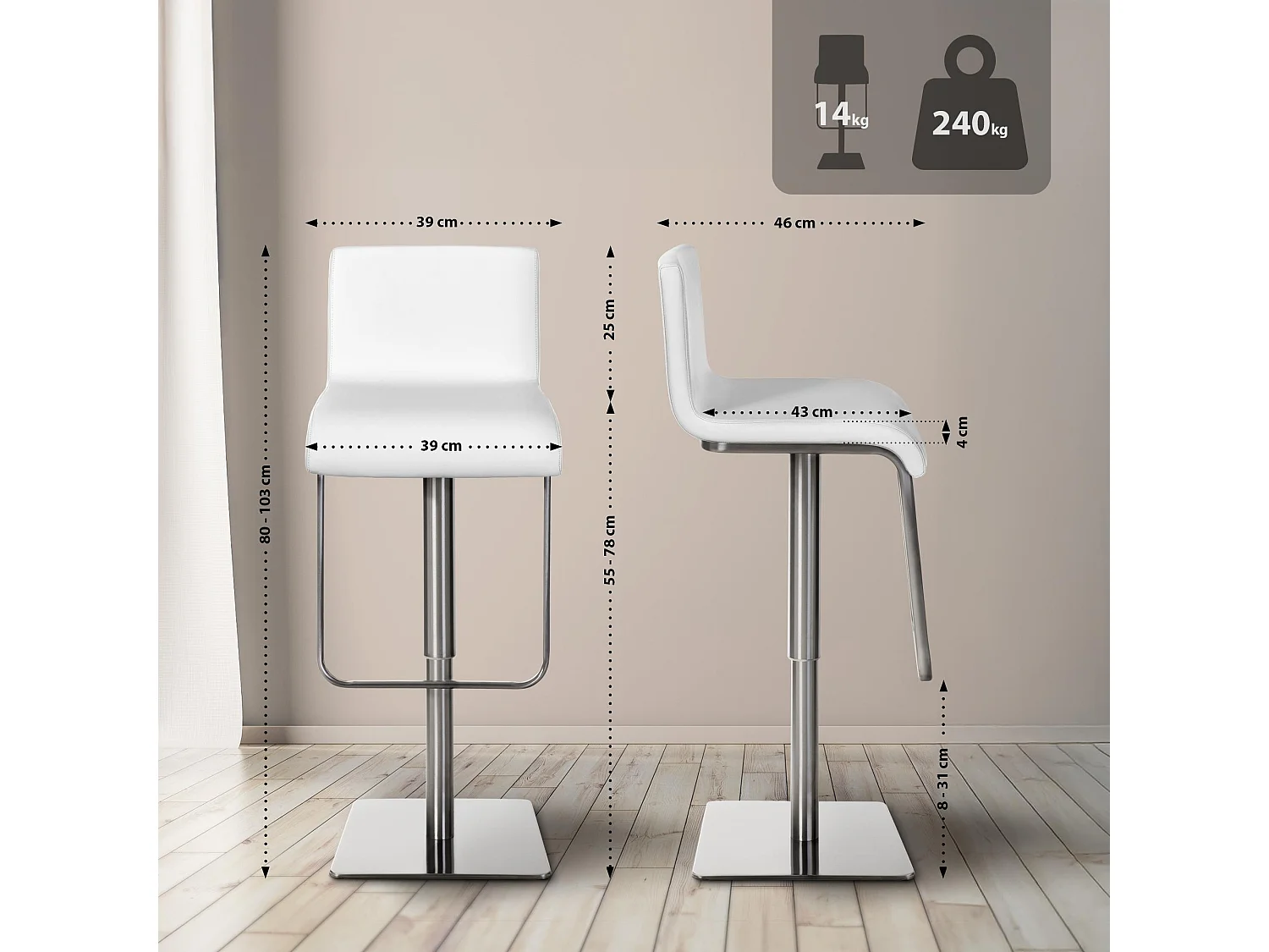 Lot de 2  Tabouret de bar - Similicuir & Acier inoxydable - Blanc - Limon