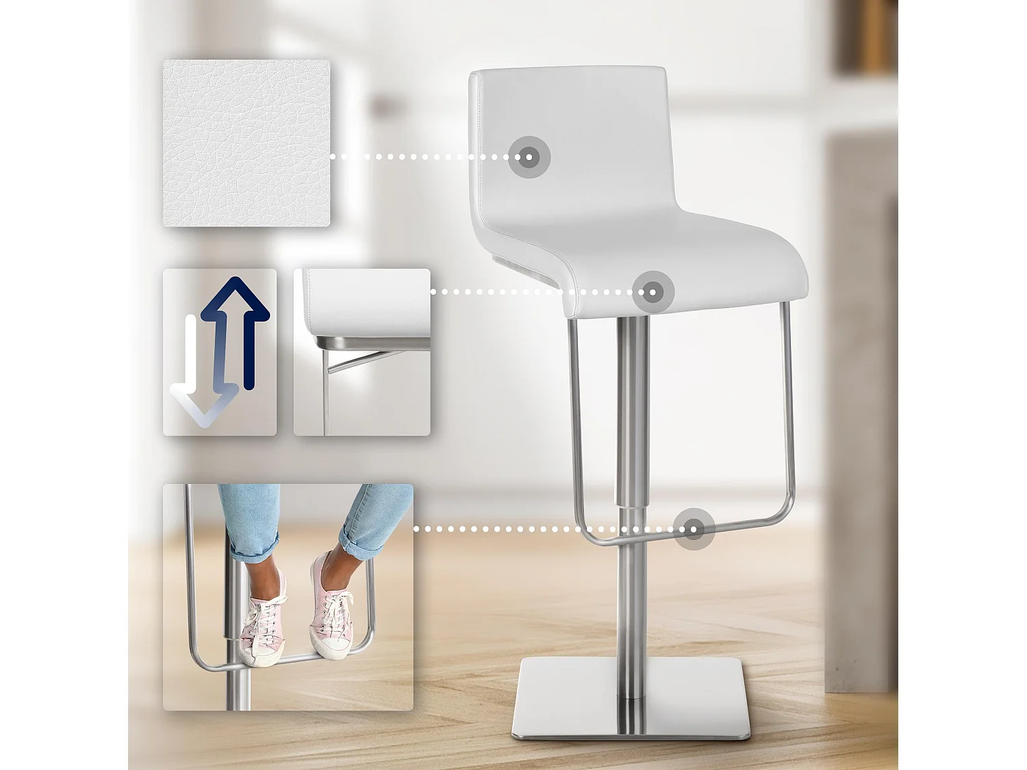 Lot de 2  Tabouret de bar - Similicuir & Acier inoxydable - Blanc - Limon