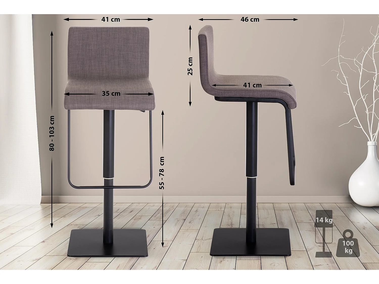 Tabouret de bar - Tissu & Noir - Gris - Limon