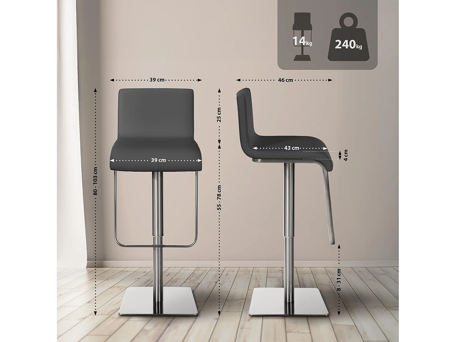 Lot de 2  Tabouret de bar - Similicuir & Acier inoxydable - Gris - Limon