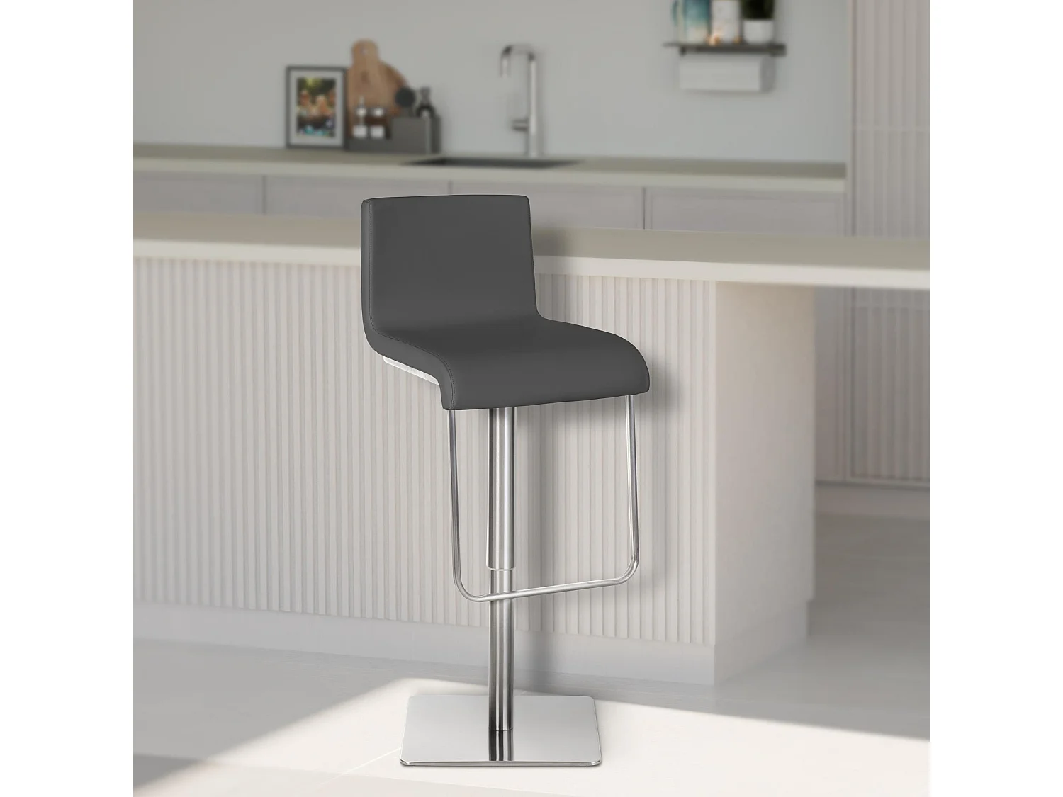 Lot de 2  Tabouret de bar - Similicuir & Acier inoxydable - Gris - Limon