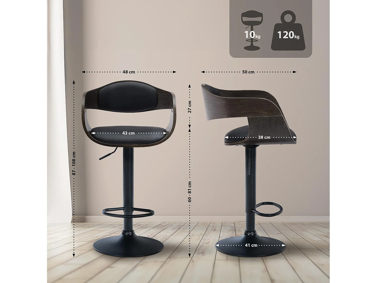 Tabouret de bar - Similicuir - Noir / Gris - Kingston