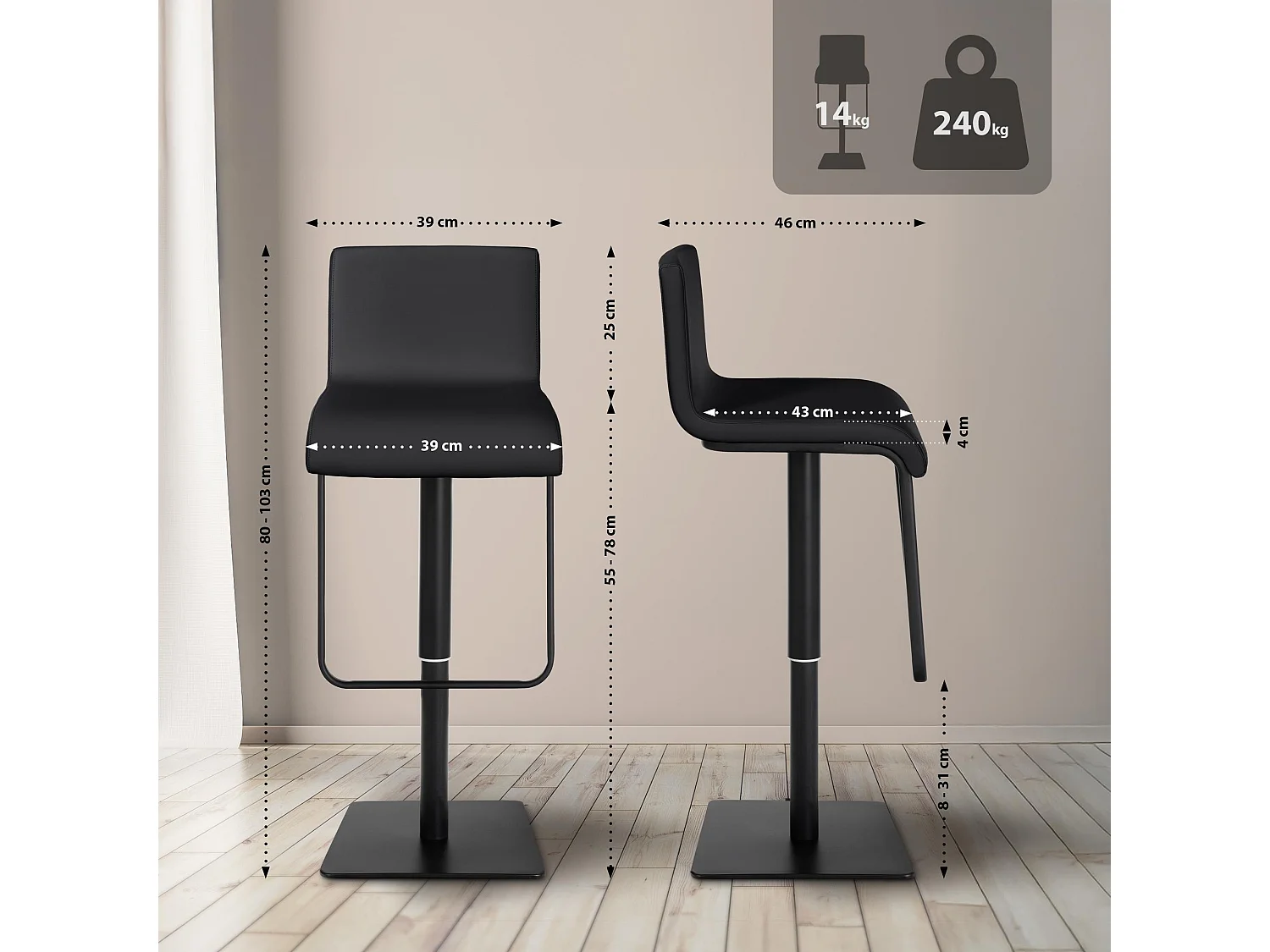 Lot de 2  Tabouret de bar - Similicuir & Noir - Noir - Limon