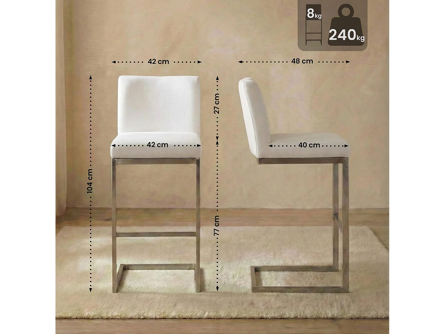 Tabouret de bar - Tissu - Blanc - Paros