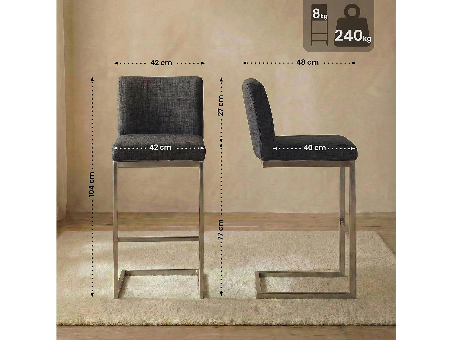 Tabouret de bar - Tissu - Gris foncé - Paros