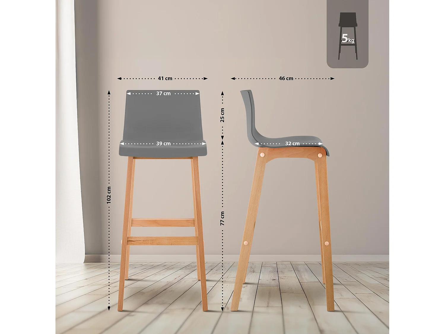 2er Set Barhocker - Holz - grau - Hover